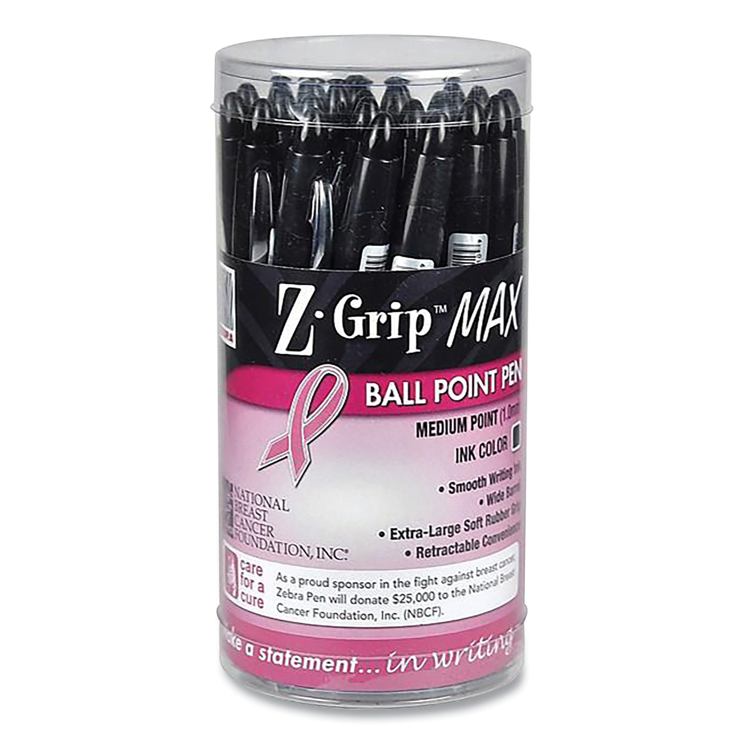 Z-Grip MAX Breast Cancer Awareness Ballpoint Pen, Retractable, Bold 1.2 mm, Black Ink, Silver/Black Barrel, 24/Pack