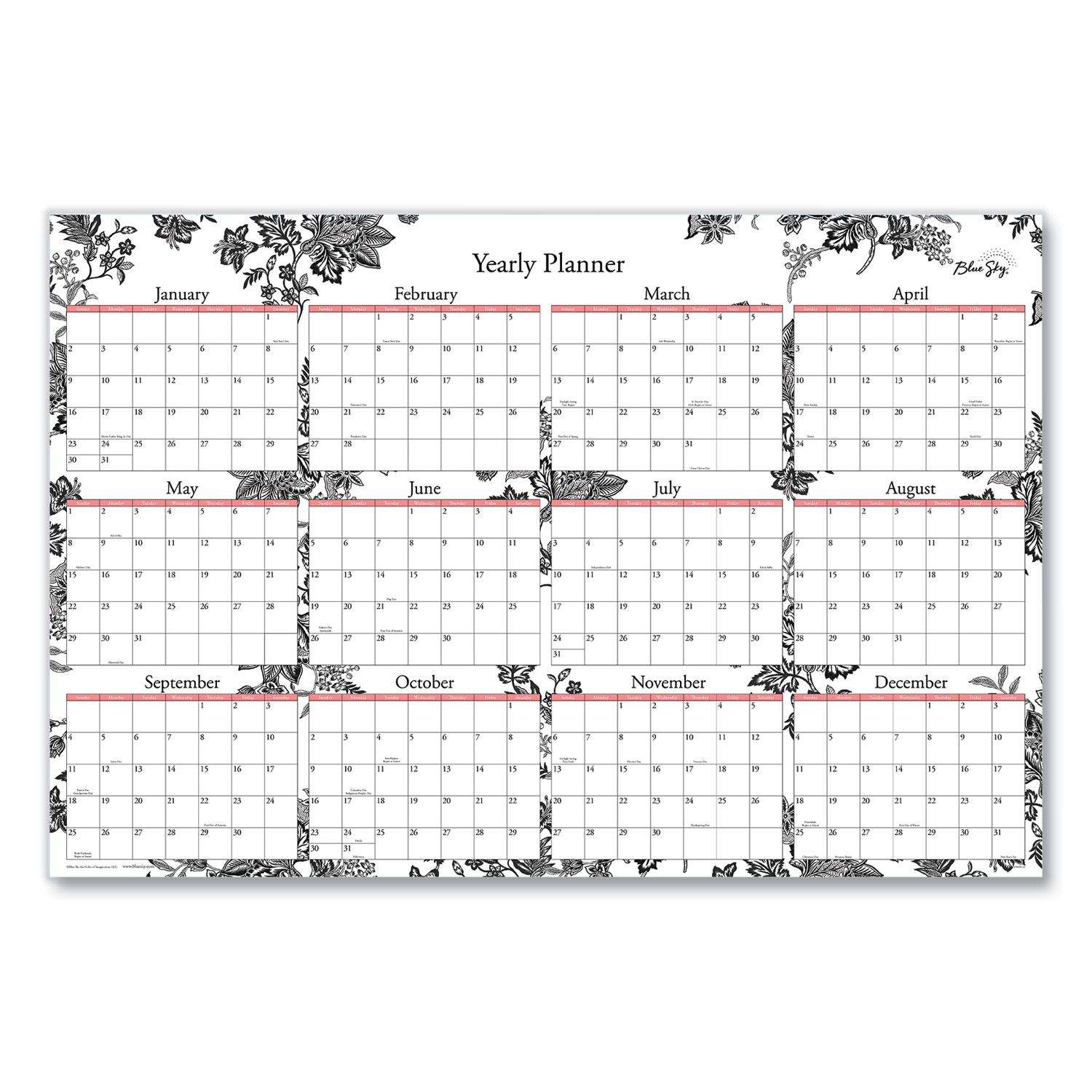 Analeis Laminated Erasable Wall Calendar, Floral Artwork, 36 x 24, White/Black/Coral Sheets, 12-Month (Jan to Dec): 2023