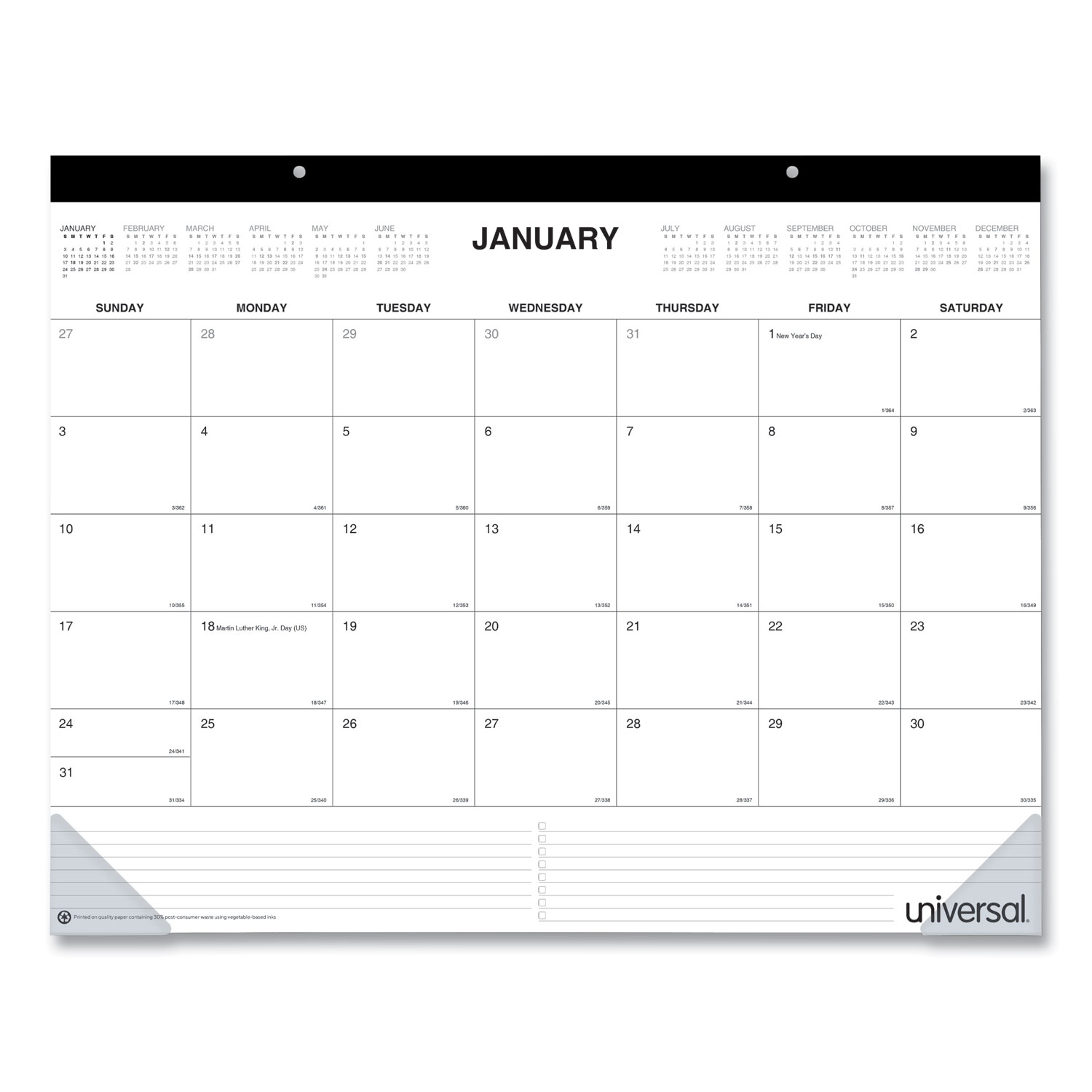 Desk Pad Calendar, 22 x 17, White/Black Sheets, Black Binding, Clear Corners, 12-Month (Jan to Dec): 2024