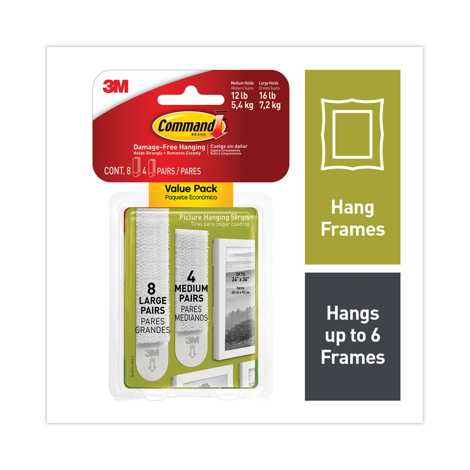 Picture Hanging Strips, Value Pack, Removable, (8) Large 0.63 x 3.63 Pairs, (4) Medium 0.5 x 2.75 Pairs, White