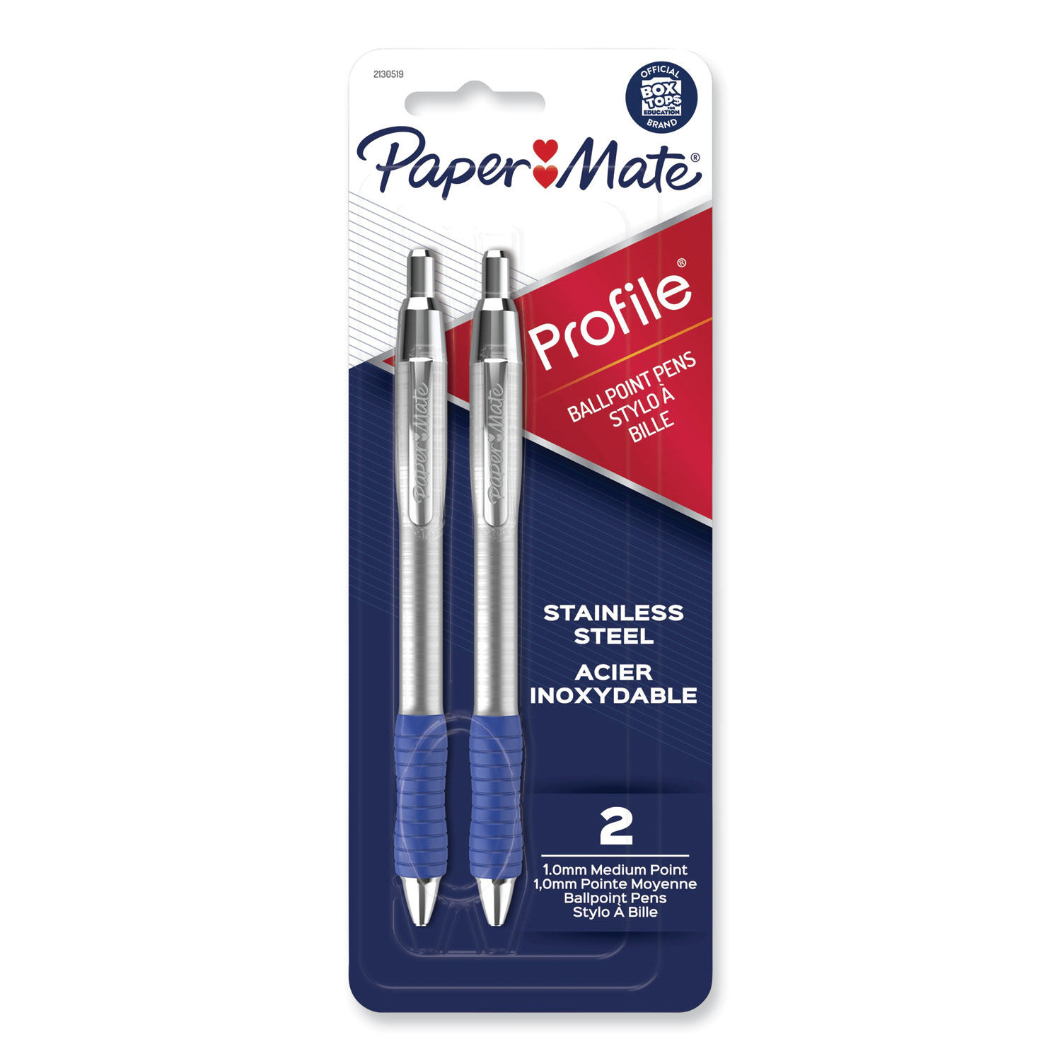 Profile Ballpoint Pen, Retractable, Medium 1 mm, Blue Ink, Blue/Silver Barrel, 2/Pack