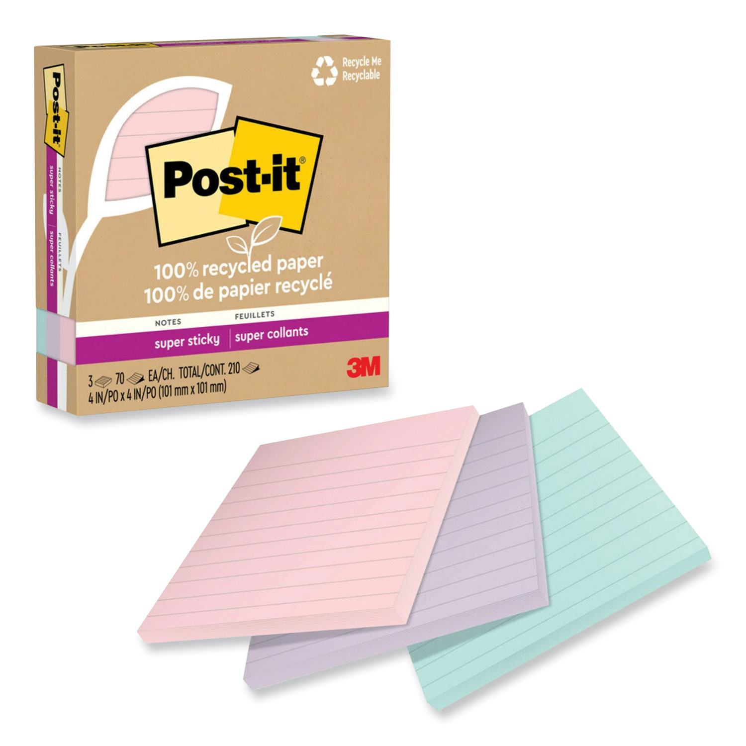 MMM675R3SSNRP - 100% Recycled Paper Super Sticky Notes, Ruled, 4 x 4,  Wanderlust Pastels, 70 Sheets/Pad, 3 Pads/Pack