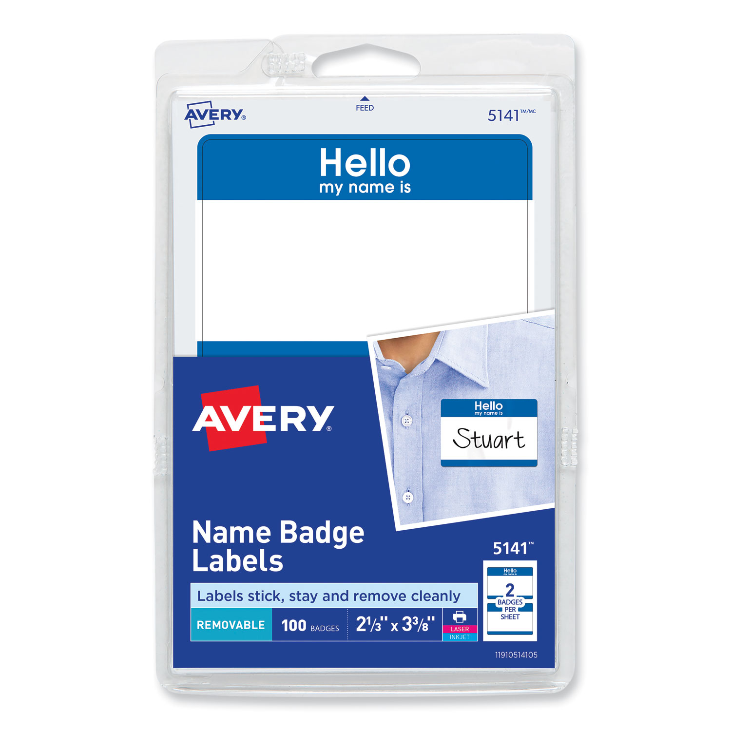 Printable Adhesive Name Badges, 3.38 x 2.33, Blue "Hello", 100/Pack