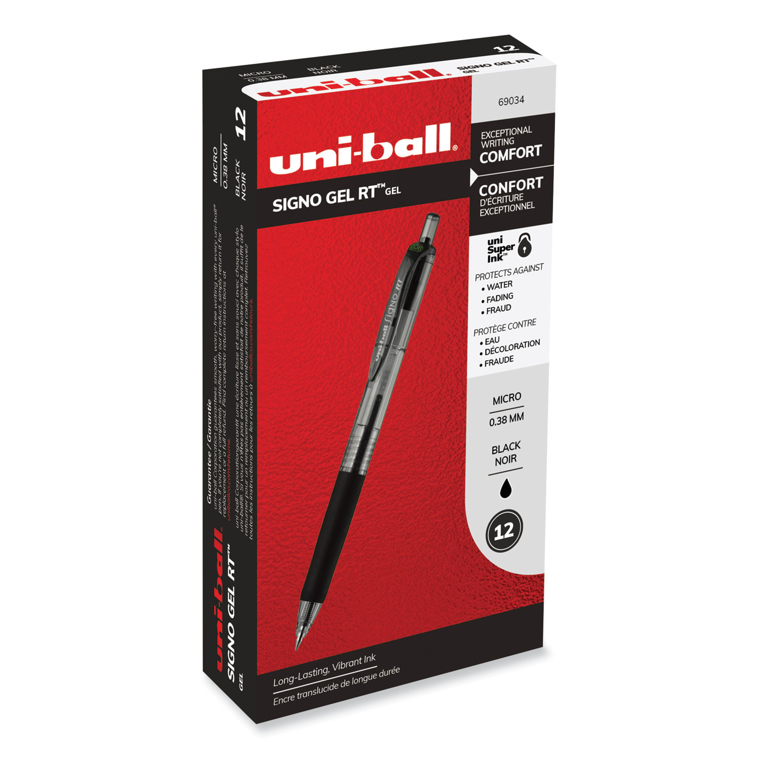 Signo Gel Pen, Retractable, Ultra-Micro 0.38 mm, Black Ink, Smoke/Black/Silver Barrel, Dozen