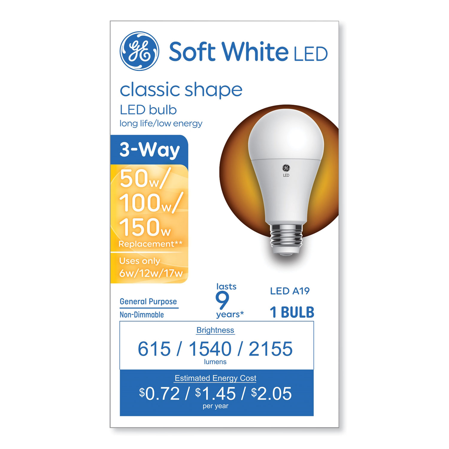 Classic LED SW Non-Dim A19 3-Way Light Bulb, 6 W; 12 W; 17 W, Soft White