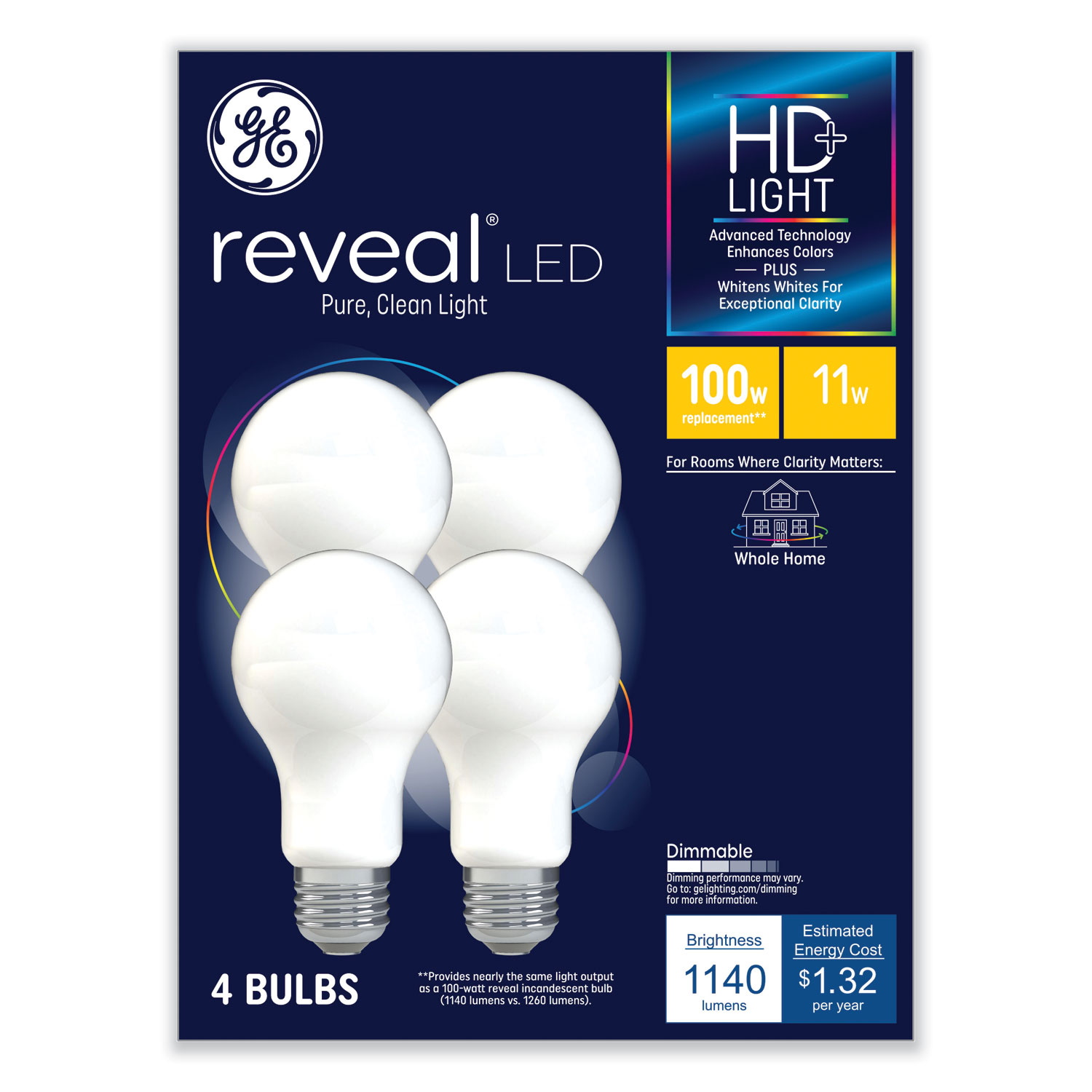 Reveal HD+ LED A19 Light Bulb, 11 W, 4/Pack