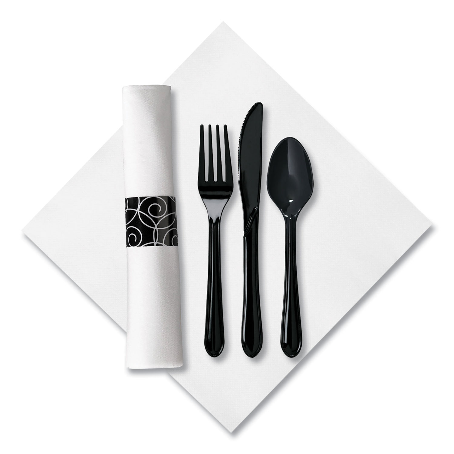 CaterWrap Heavyweight Cutlery Combo Kit, Fork/Knife/Napkin/Spoon, Plastic, Black, 100/Carton