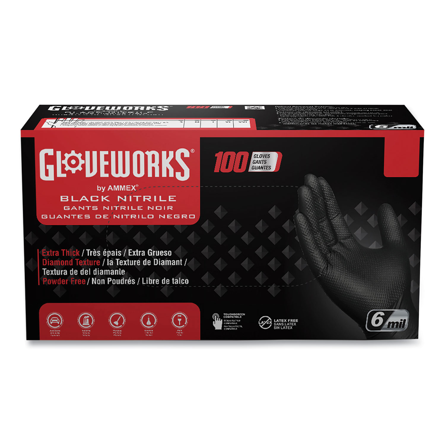 Heavy-Duty Industrial Nitrile Gloves, Powder-Free, X-Large, 6 mil Thick, 9.5" Long, Black, 100/Box, 10 Boxes/Carton
