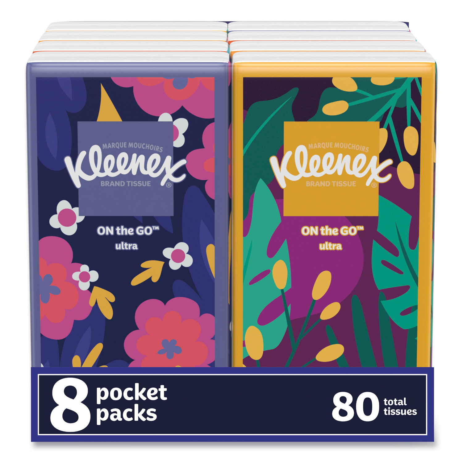 On The Go Packs Facial Tissues, 3-Ply, White, 10 Sheets/Pouch, 8 Pouches/Pack