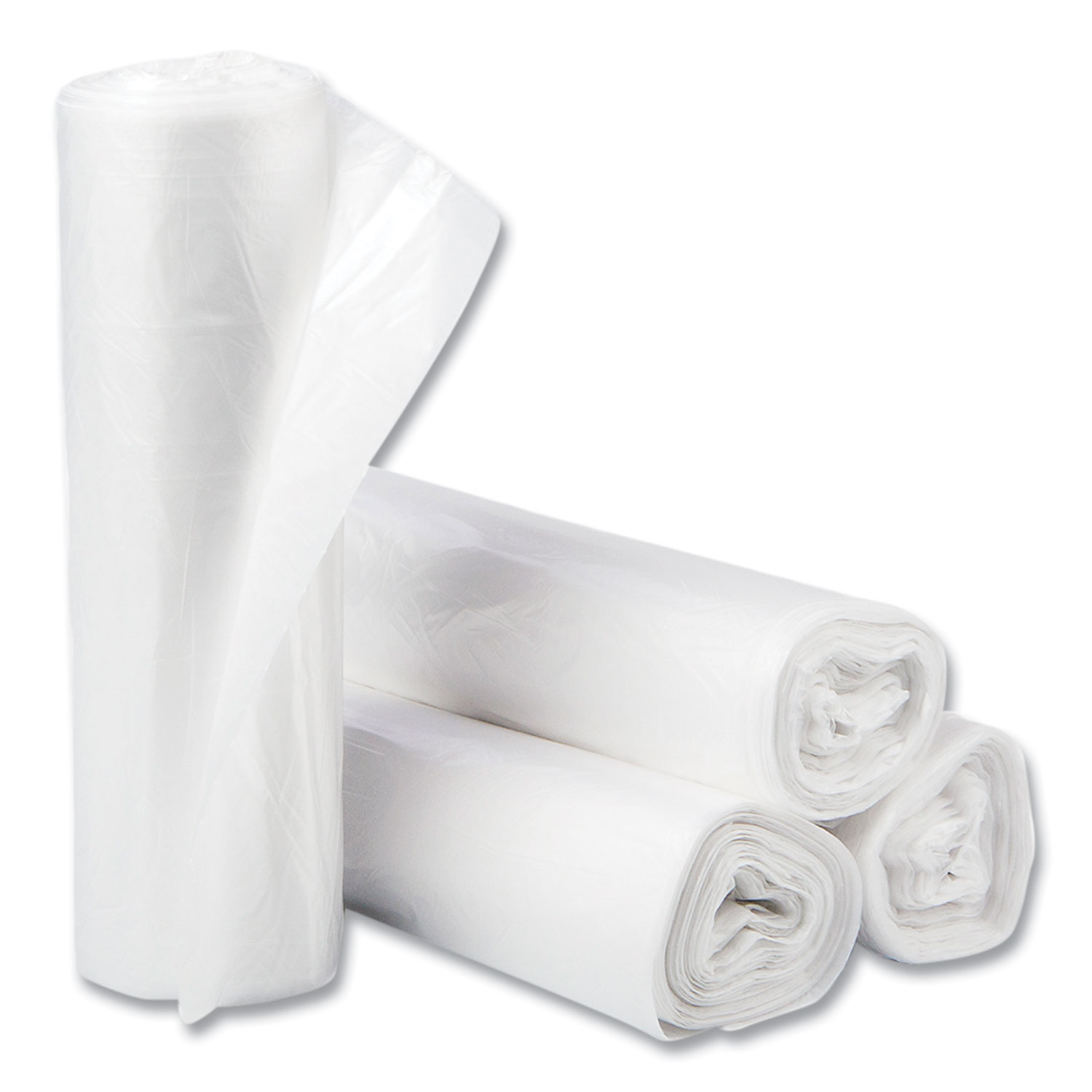 High-Density Commercial Can Liners, 30 gal, 10 mic, 30" x 37", Clear, 25 Bags/Roll, 20 Interleaved Rolls/Carton