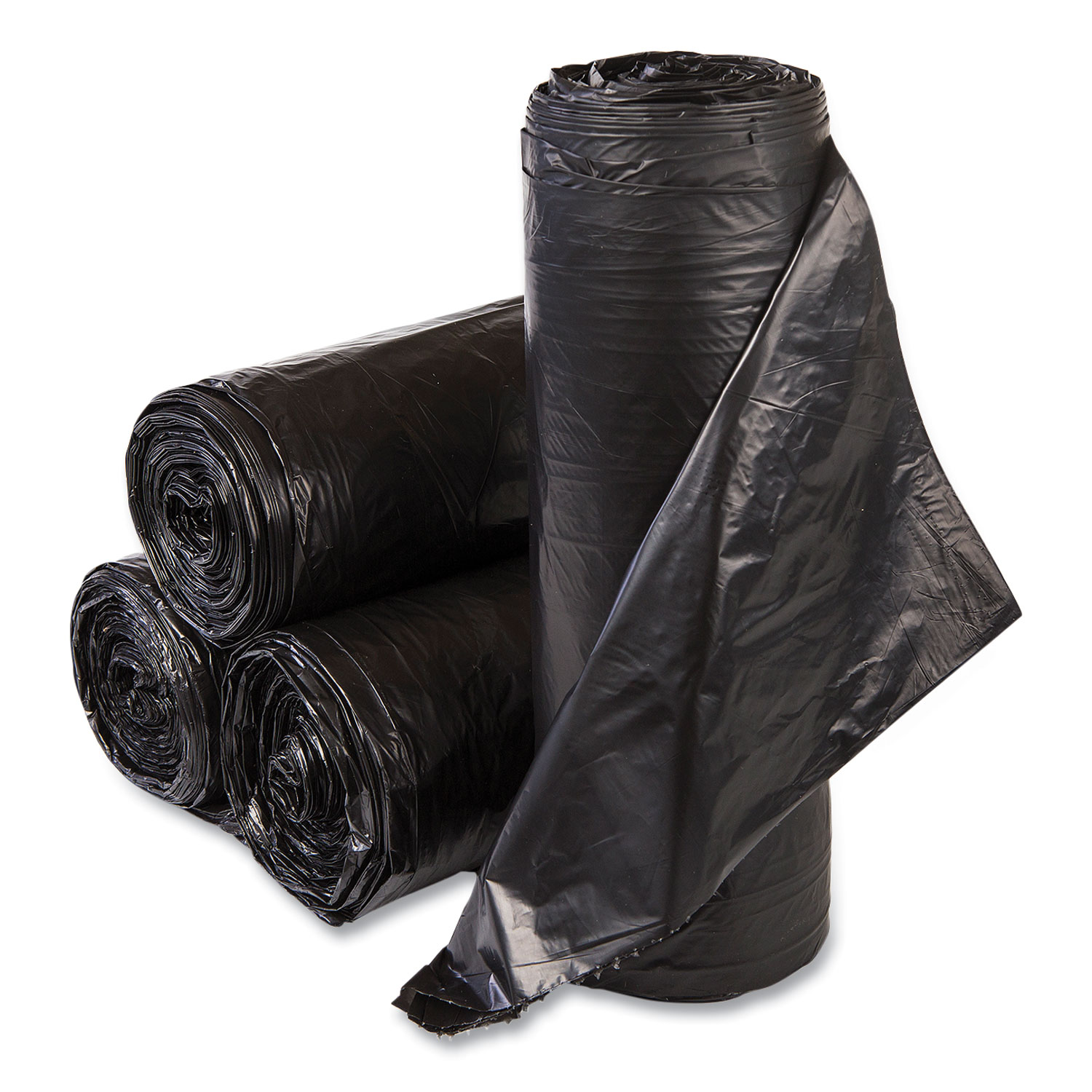 High-Density Commercial Can Liners, 55 gal, 22.1 mic, 36" x 60", Black, Interleaved Roll, 25 Bags/Roll, 6 Rolls/Carton