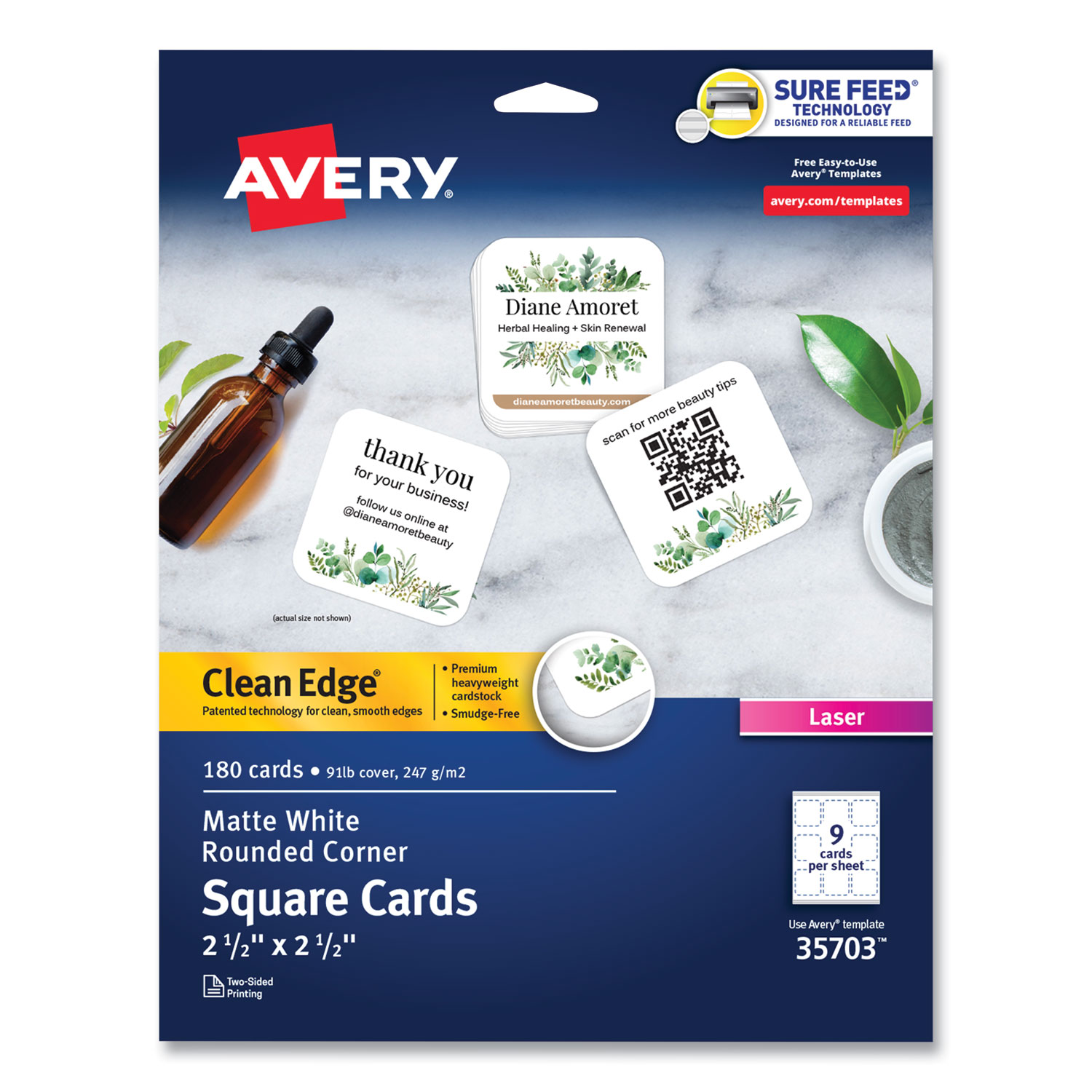 Square Clean Edge Cards with Sure Feed Technology, Laser, 2.5 x 2.5, White, 180 Cards, 9 Cards/Sheet, 20 Sheets/Pack