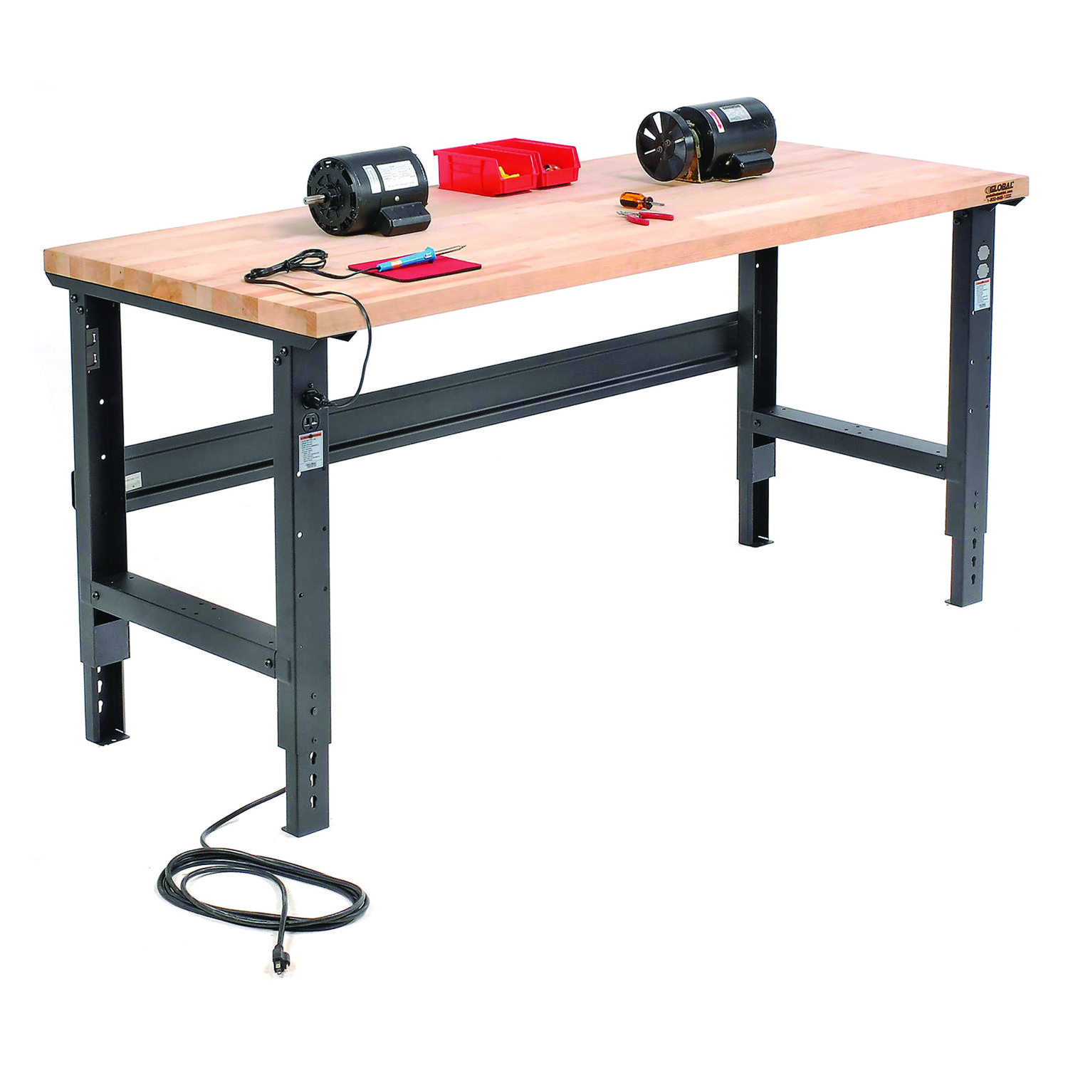 Standard Duty Butcher Block Top Adjustable Height Workbench, 2,000 lbs, 72 x 36 x 30.88 to 36.88, Maple/Black