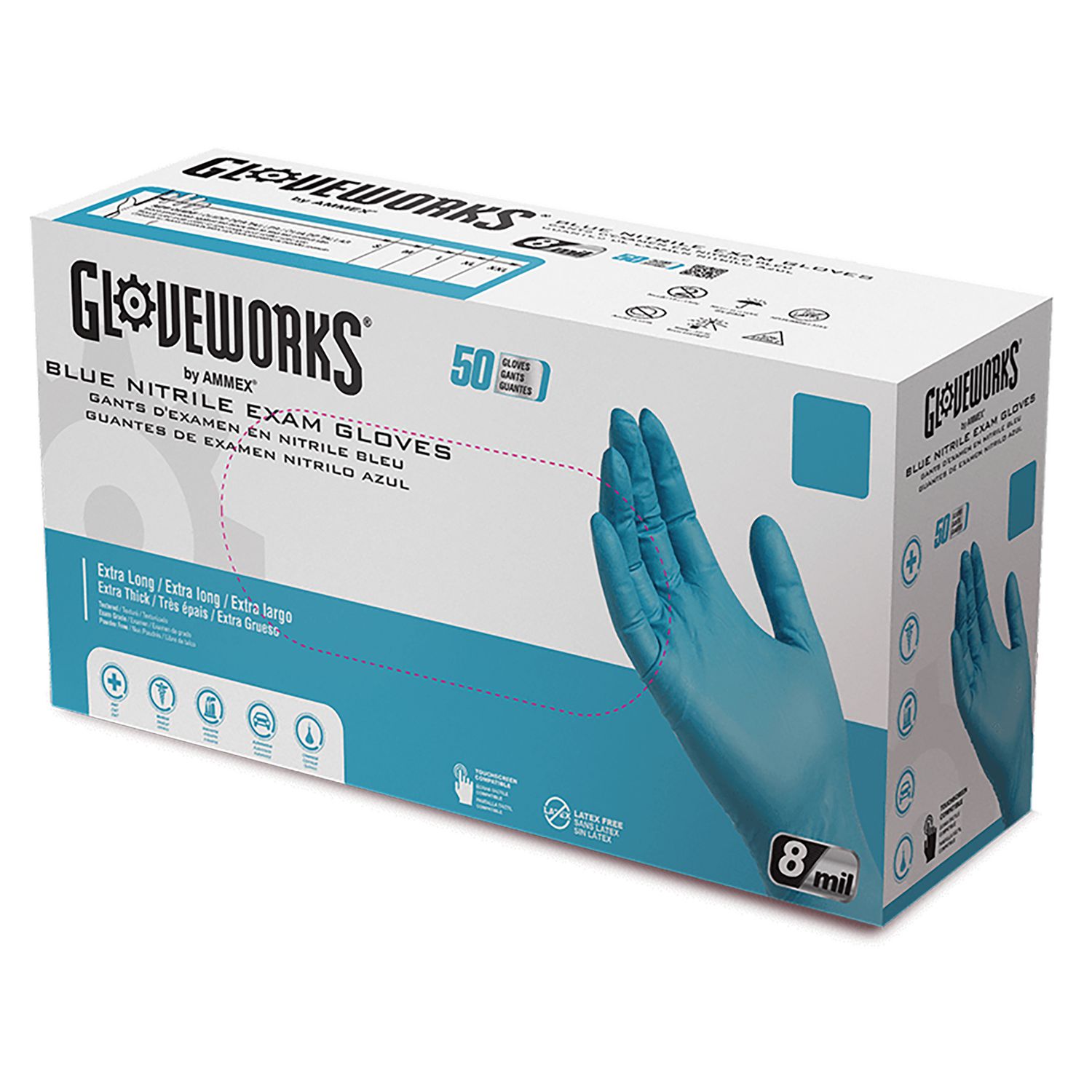 Blue Nitrile Exam Gloves, Powder-Free, X-Large, 8 mil Thick, 11.6" Long, Blue, 50/Box, 10 Boxes/Carton