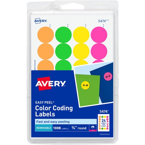 Avery® Color Coded Label, Easy Peel, 3/4" Round labels, 1008 labels, Removable